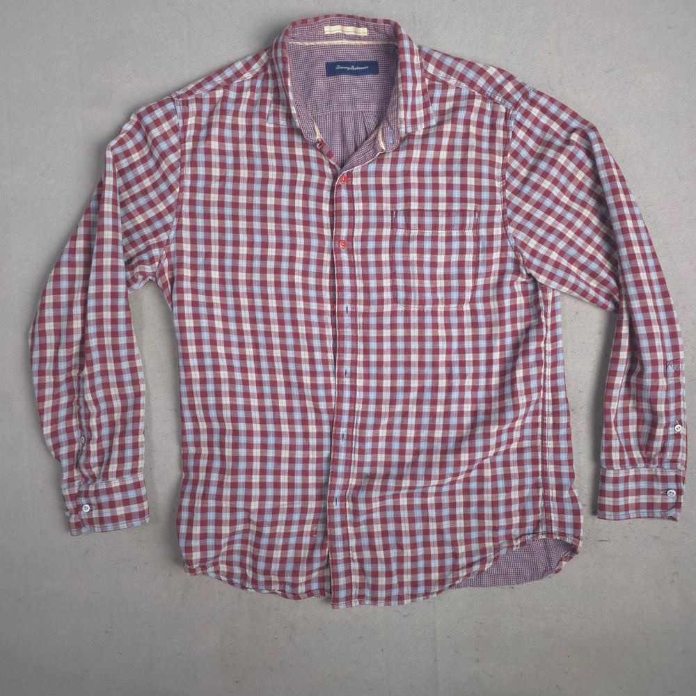 Tommy Bahama Mens Gingham Button‎ Up Shirt Large Long Sleeve Red Cotton